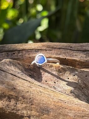 Cobalt blue sea glass sterling & fine silver smooth band handmade beach jewelry